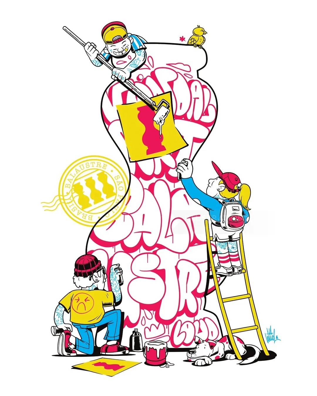 Three artists painting a large abstract sculpture with bright colors by Wagner Loud