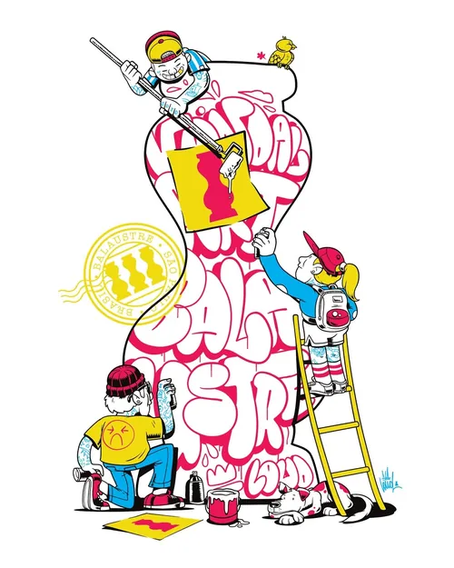 Three artists painting a large abstract sculpture with bright colors by Wagner Loud
