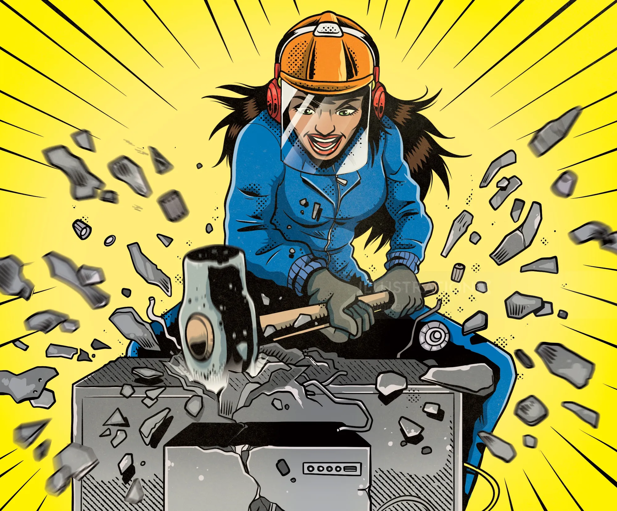 Woman breaking open a safe with a hammer, artwork by Wagner Loud