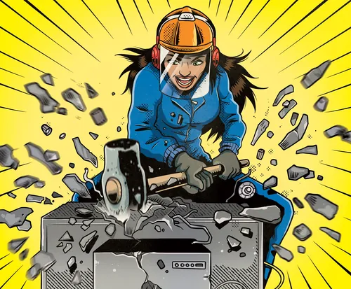 Woman breaking open a safe with a hammer, artwork by Wagner Loud