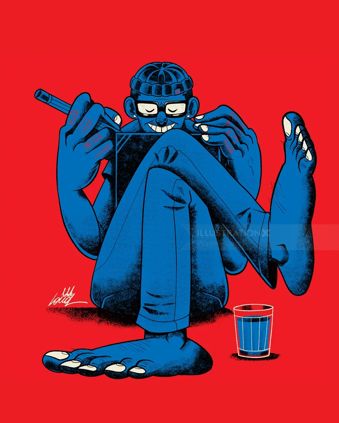 Wagner Loud artwork showing a blue masked figure seated beside a striped glass on a red background.
