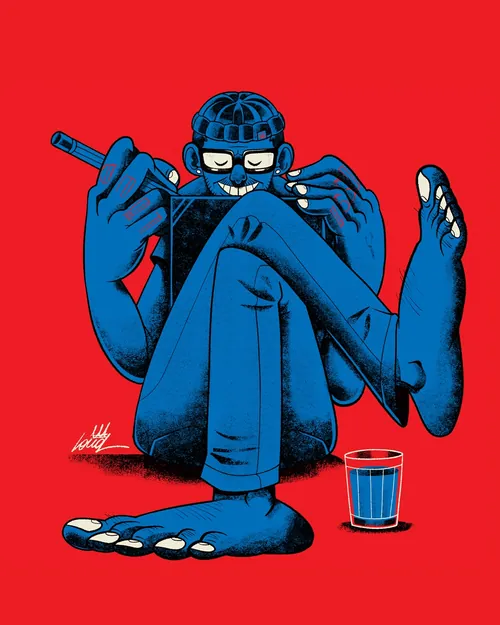 Wagner Loud artwork showing a blue masked figure seated beside a striped glass on a red background.