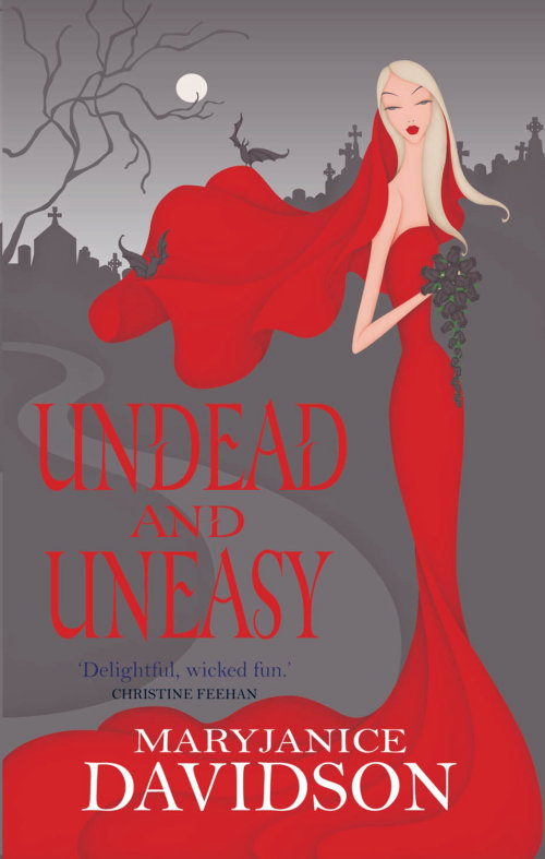 Portada del libro, serie Undead de Mary Janice Davidson, Betsy vistiendo un vestido de novia rojo en un cementerio w