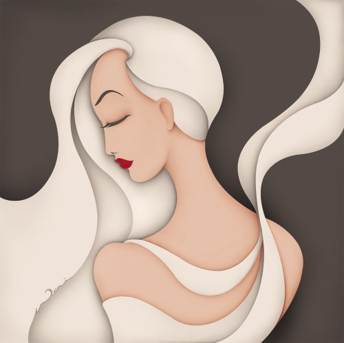 Graphic profile of a woman with flowing hair and dress