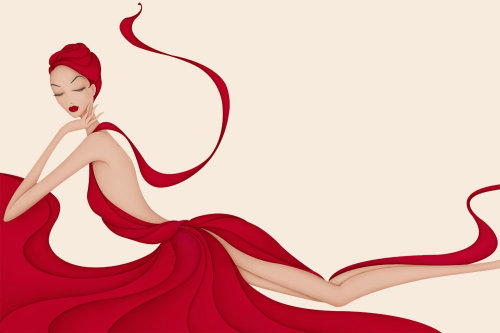 Page de destination de mon site Web, femme en robe fluide rouge.