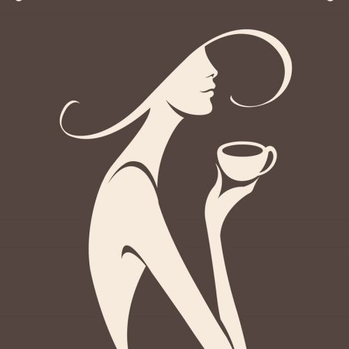 Graphic logo of a woman in a hat sipping coffee.
