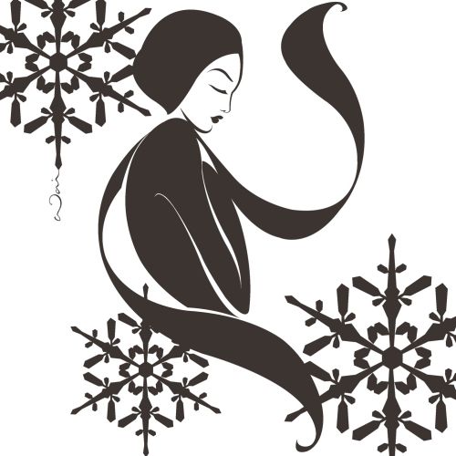 Black and White illustration of a woman rugged up for winter in a scarf and hat, with snowflakes fal