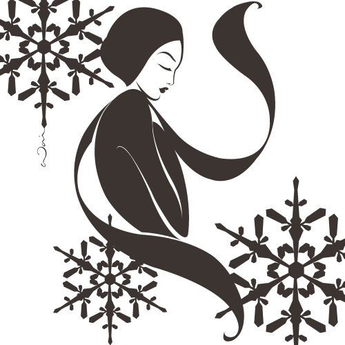 Ilustración en blanco y negro de una mujer robusta para el invierno en una bufanda y sombrero, con copos de nieve fal