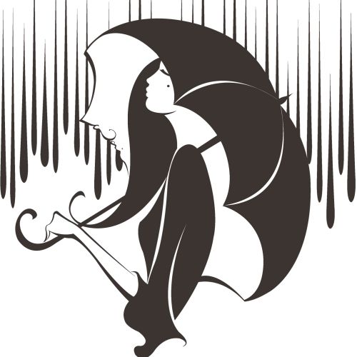 Black and White illustration of a stylish woman holding an umbrella in the pouring rain.