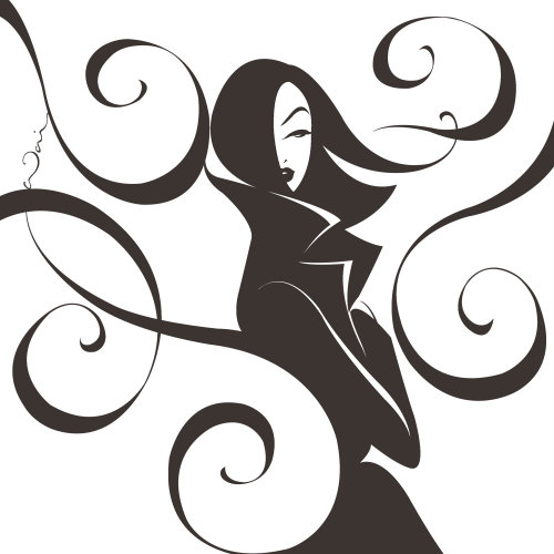 Ilustração a preto e branco da mulher em um sobretudo, redemoinhos de vento a rodeiam.