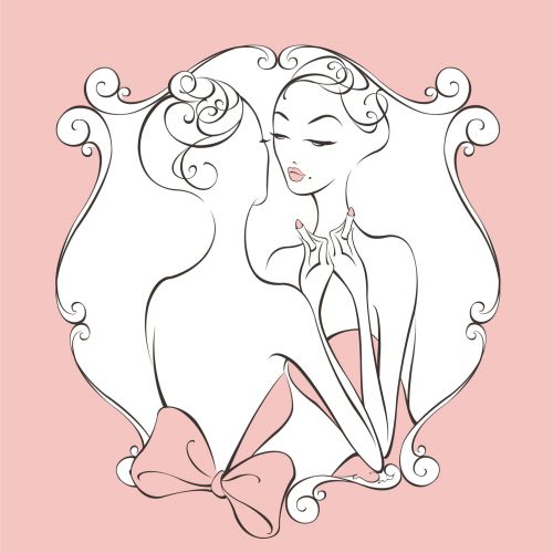 Beauty illustration of an elegant woman in a ballgown looking in a mirror applying lipstick