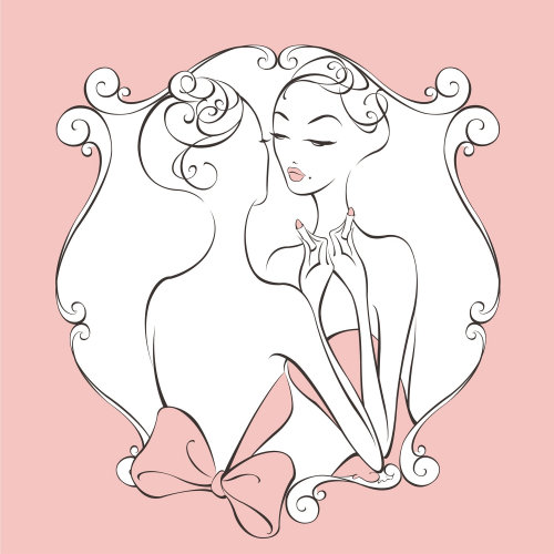 Illustration de beauté d&#39;une femme élégante dans une robe de bal à la recherche dans un miroir en appliquant du rouge à lèvres
