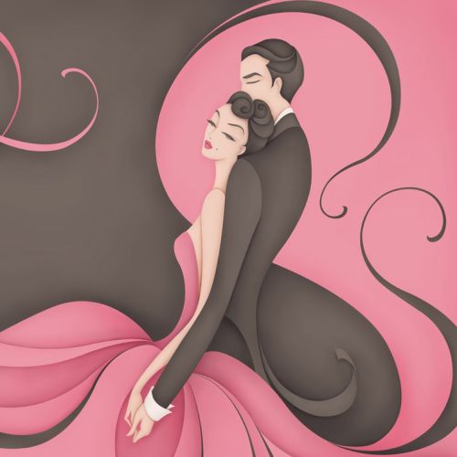 Couple dancing amidst swirls of pink gown and tuxedo tails.