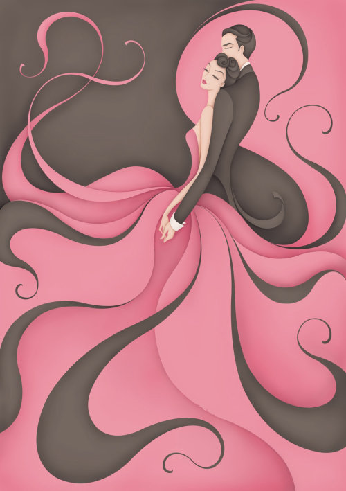 Couple dancing amidst swirls of pink gown and tuxedo tails.