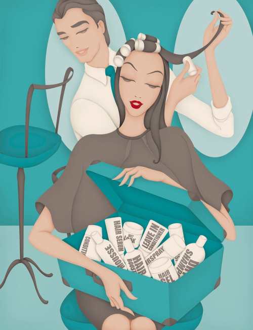 Ilustración editorial para Pro Hair Magazine, página confidencial del cliente - &#39;peluqueros y beauticia