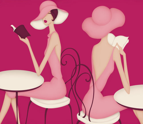 Ilustración de dos mujeres sentadas en la cafetería leyendo libros con sombreros