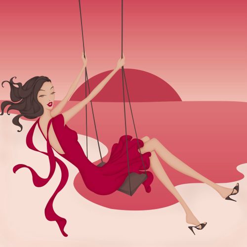 woman on swing, beach, red dress, happy, sunset