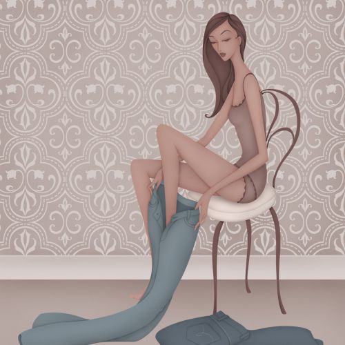 illustration of Woman sitting in chair trying on jeans