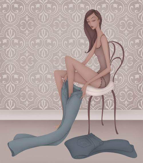 Ilustración de mujer sentada en una silla probándose jeans