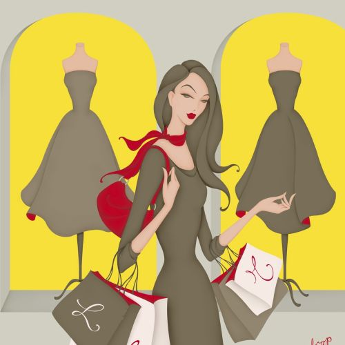 Illustration of women shopping, walking past shop windows, holding shopping bags