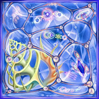 Abstract blue and purple interconnected cellular shapes with luminous details