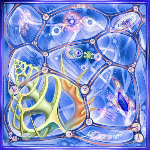 Abstract blue and purple interconnected cellular shapes with luminous details