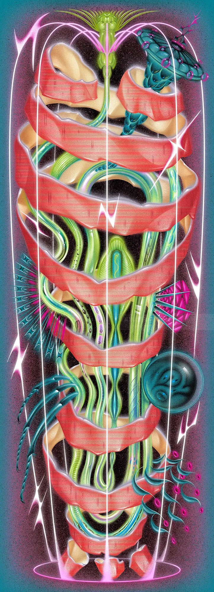 Abstract illustration of internal organs with layered ribbon and organic shapes