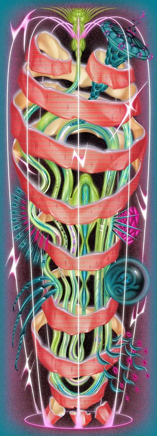 Abstract illustration of internal organs with layered ribbon and organic shapes