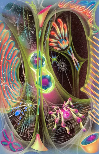 Abstract colorful illustration of cells, webs, and organic shapes