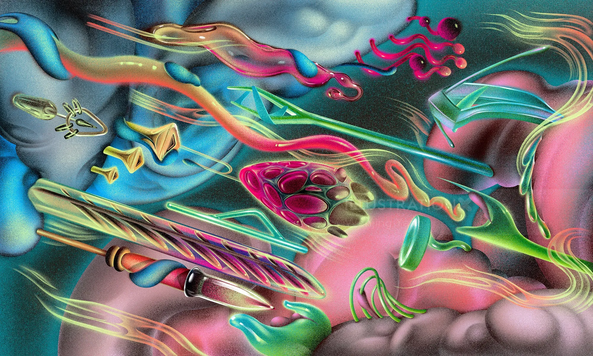 Abstract colorful shapes swirling over a human silhouette background