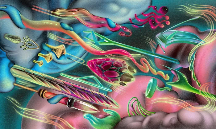 Abstract colorful shapes swirling over a human silhouette background