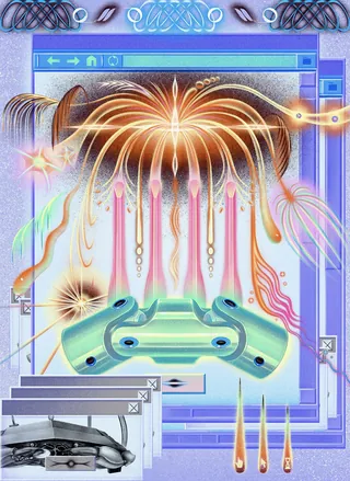 Abstract digital artwork with glowing tentacle-like shapes on a blue interface