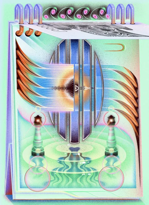 Abstract digital artwork with symmetrical shapes and vibrant colors