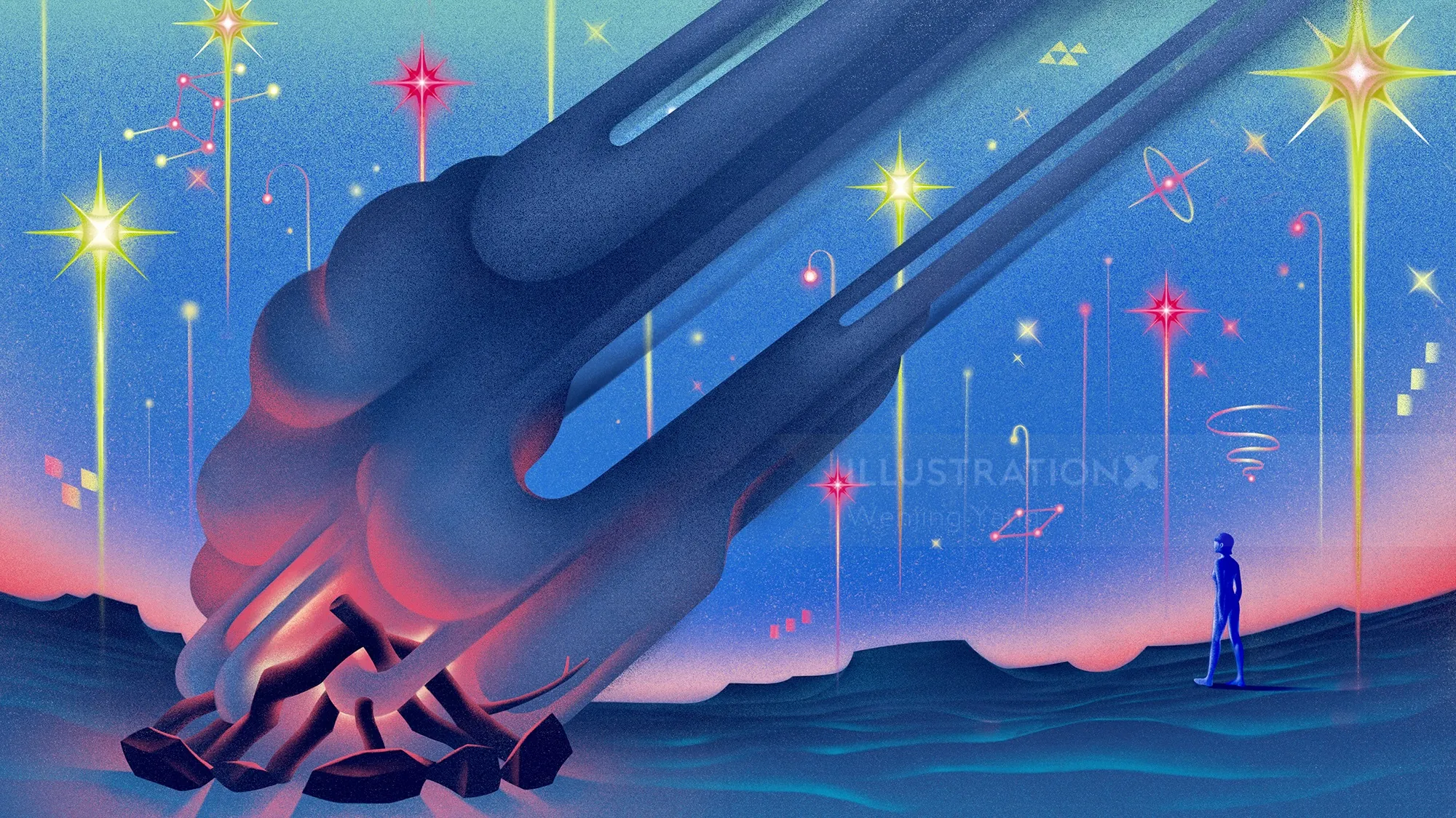 Person observing large futuristic structure in starry desert night