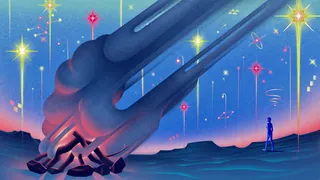 Person observing large futuristic structure in starry desert night