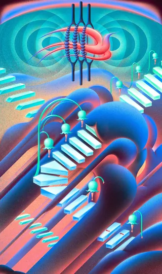 Abstract surreal image with staircases and human-like figures