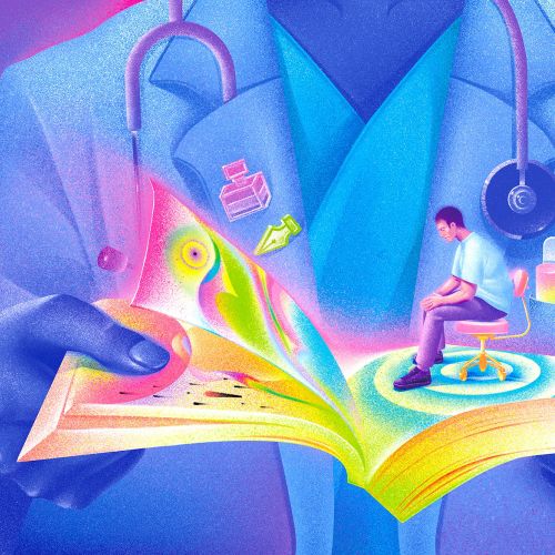 Doctor holding open book with miniature patient sitting inside, illustrating healthcare concept