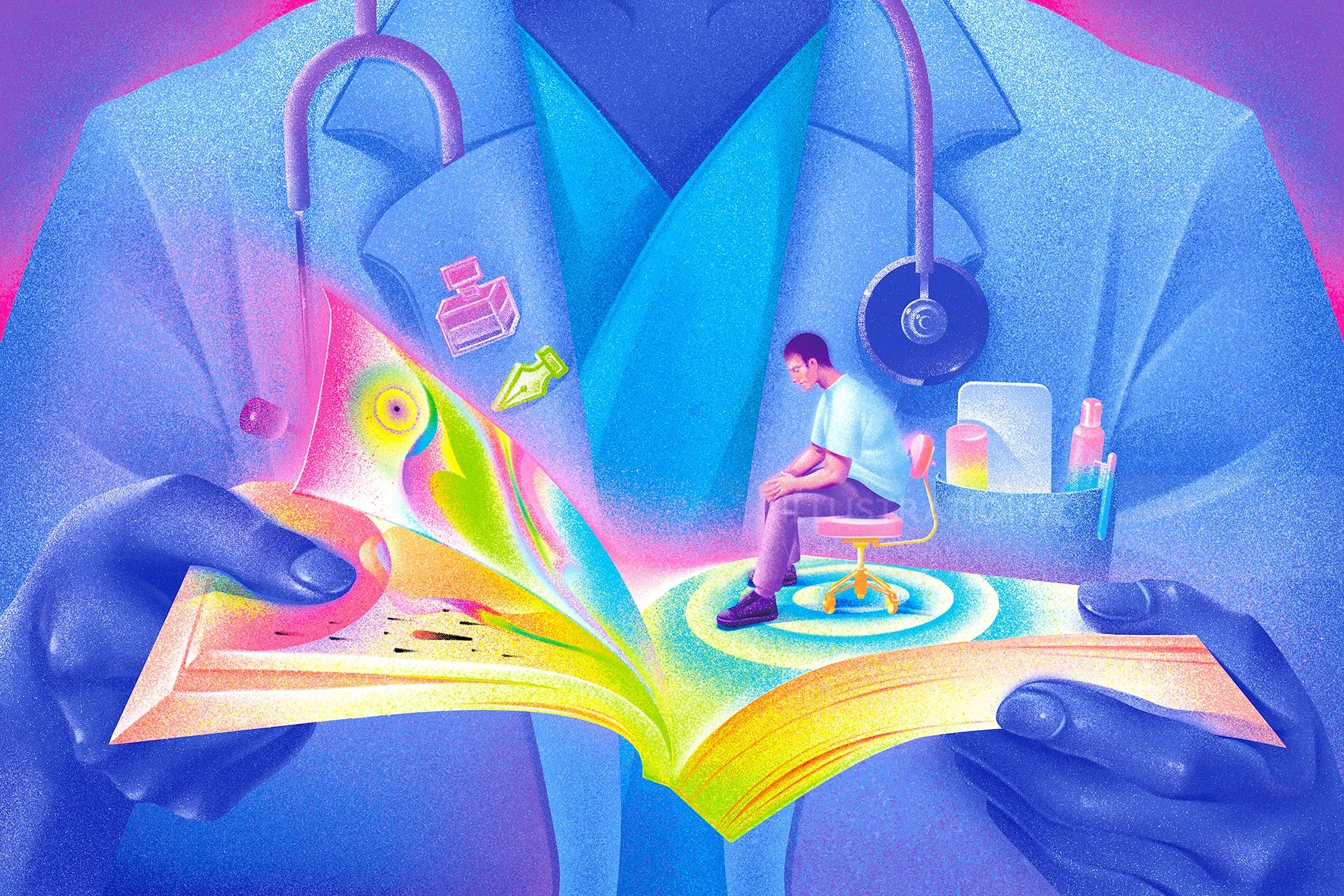 Doctor holding open book with miniature patient sitting inside, illustrating healthcare concept