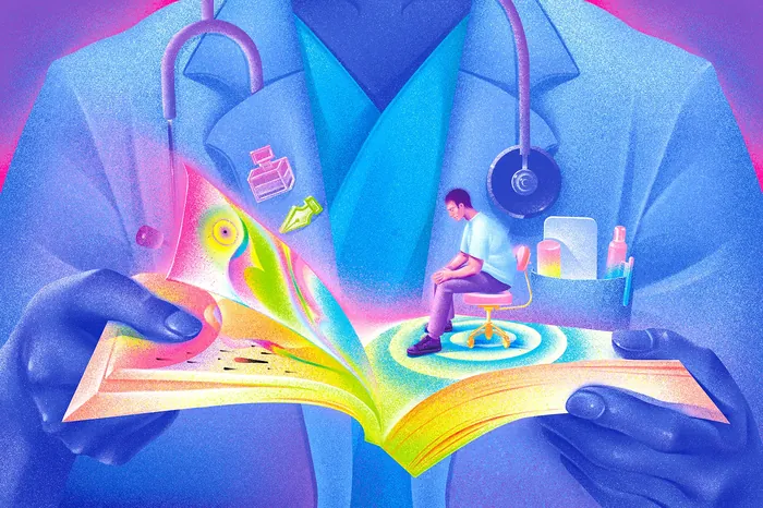Doctor holding open book with miniature patient sitting inside, illustrating healthcare concept
