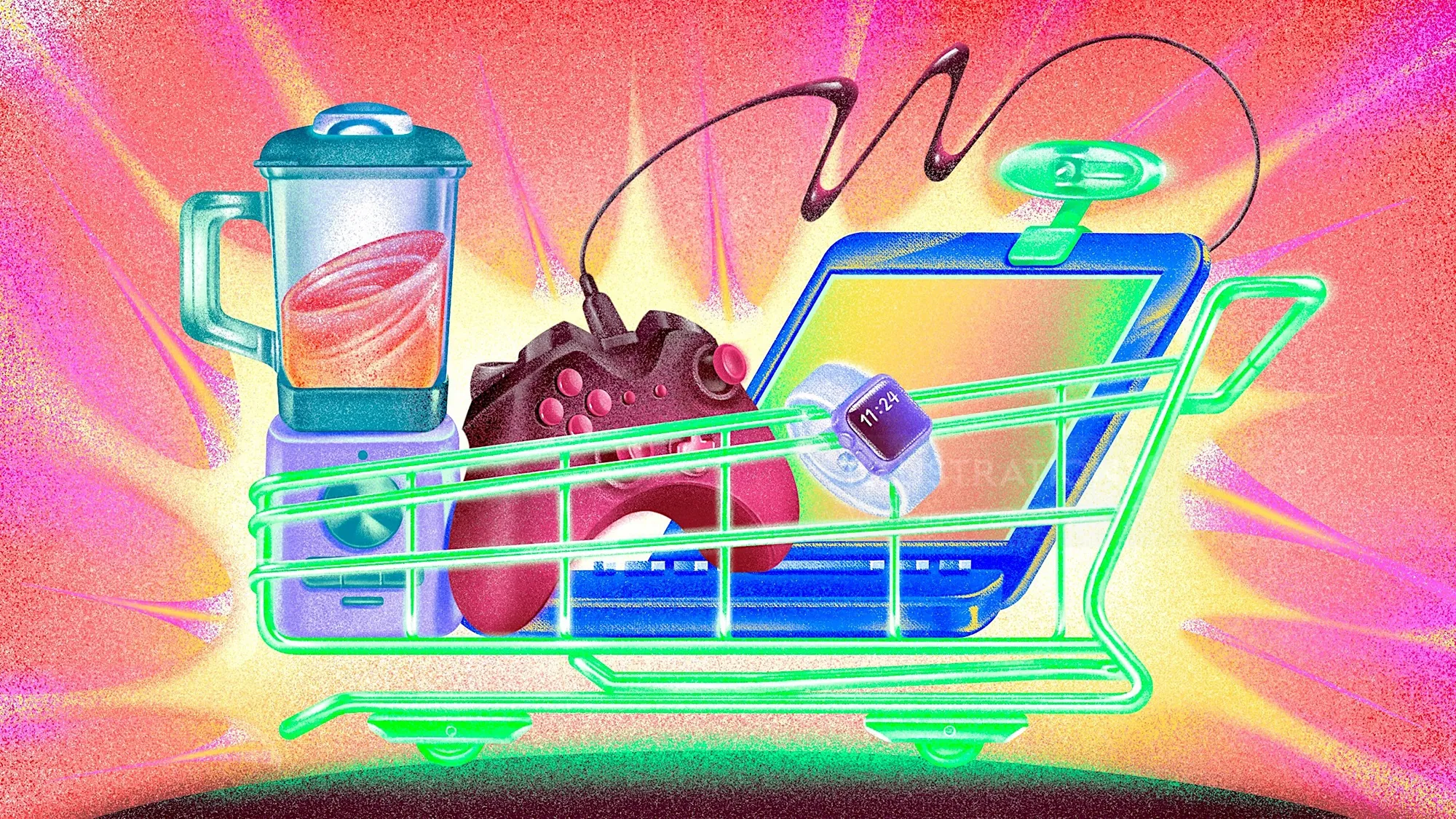 Neon shopping cart with blender, game controller, laptop, coffee cup, and smartphone by Wenjing Yang