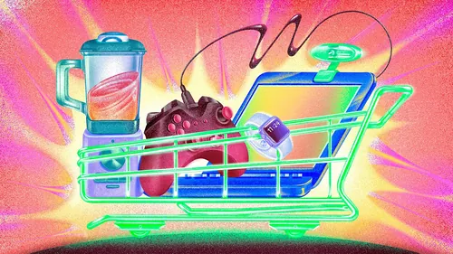 ミキサー、ゲームコントローラー、ノートパソコン、コーヒーカップ、スマートフォンが積まれたネオンカラーのショッピングカート（作者：Wenjing Yang）