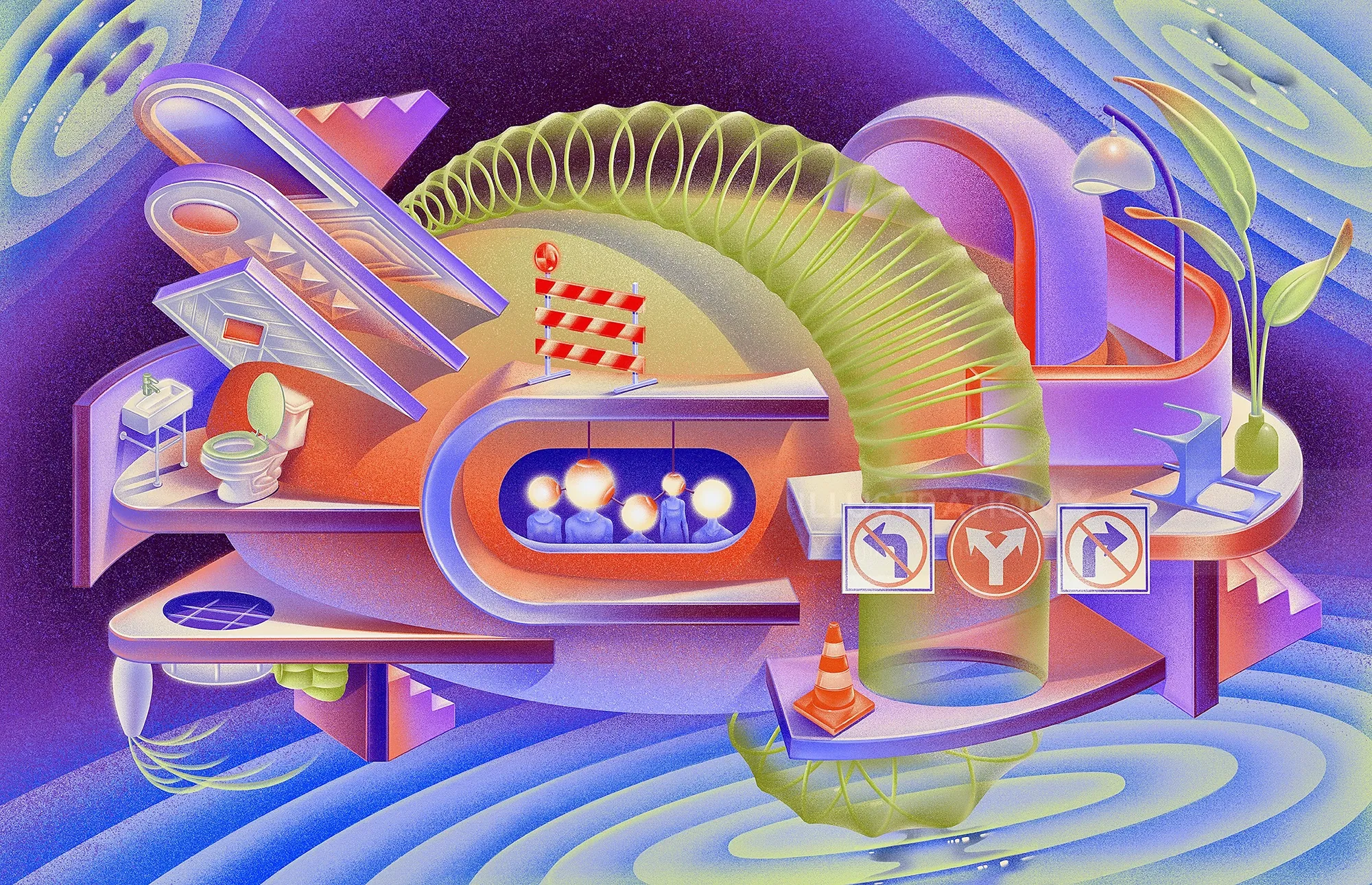 Abstract colorful surreal artwork with pipes, coils, and floating shapes