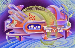 Abstract colorful surreal artwork with pipes, coils, and floating shapes