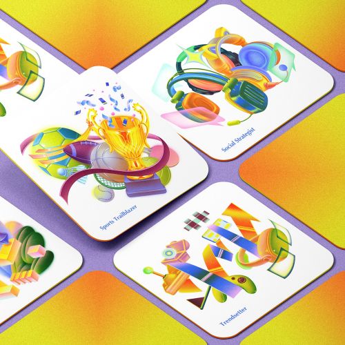 Four colorful abstract cards with psychedelic and vibrant geometric designs