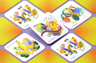 Four colorful abstract cards with psychedelic and vibrant geometric designs