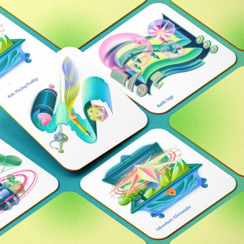 Colorful futuristic abstract geometric shapes and technology illustrations on cards