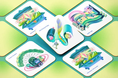 Colorful futuristic abstract geometric shapes and technology illustrations on cards