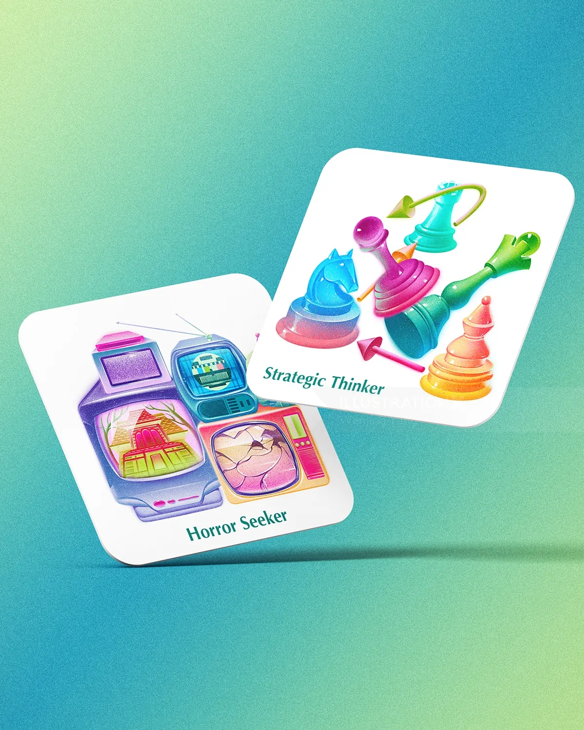 Two illustrated cards labeled Strategic Thinker and Horror Seeker with vibrant colors