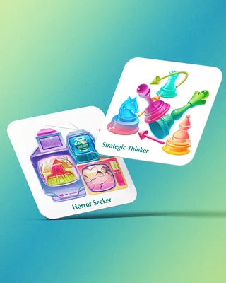 Two illustrated cards labeled Strategic Thinker and Horror Seeker with vibrant colors