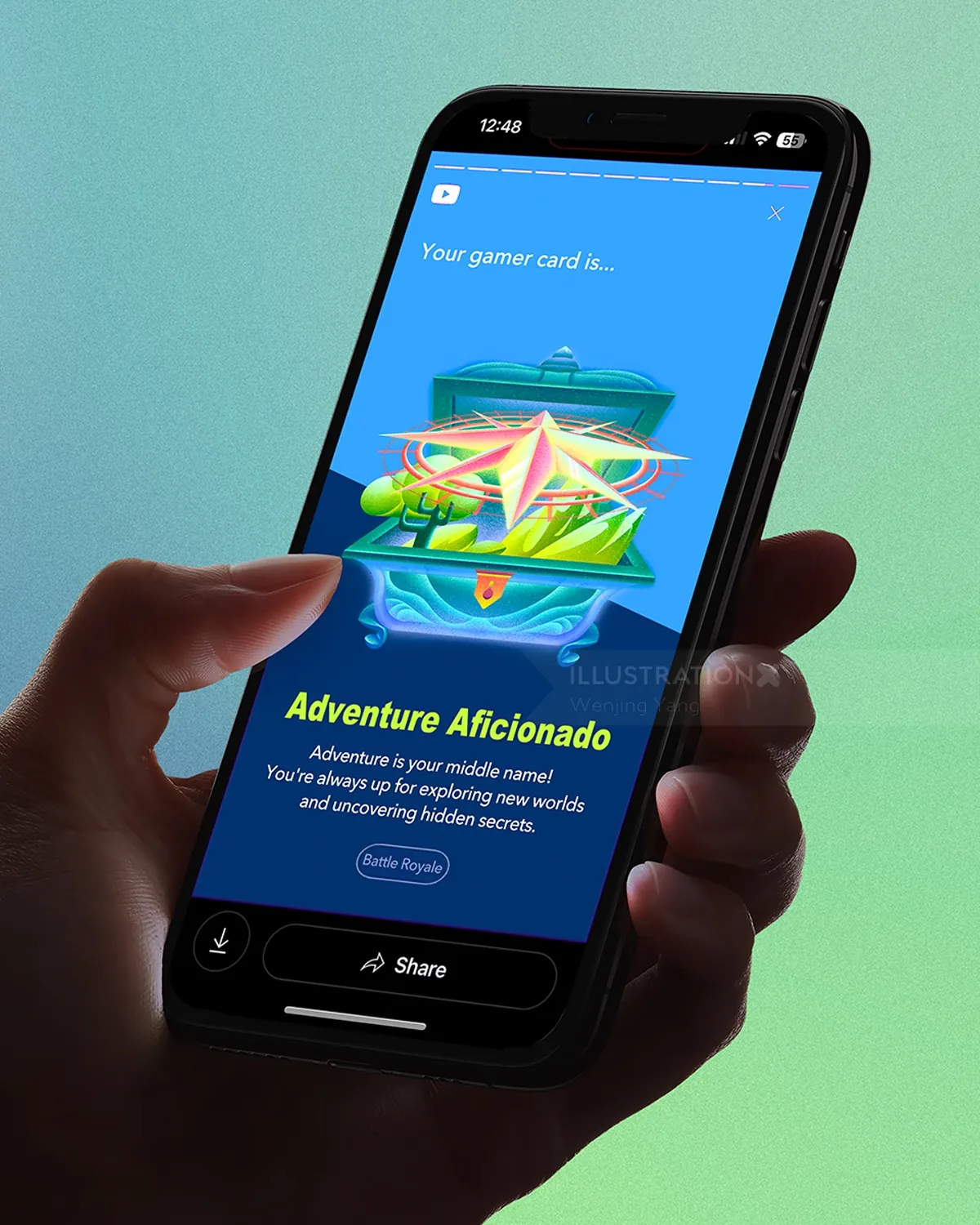 Smartphone screen showing Adventure Aficionado gaming achievement card